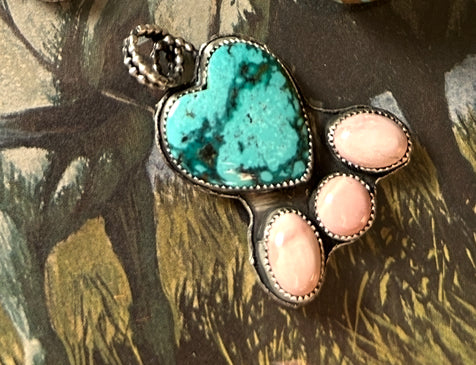 Turquoise and Australian pink opal pendant